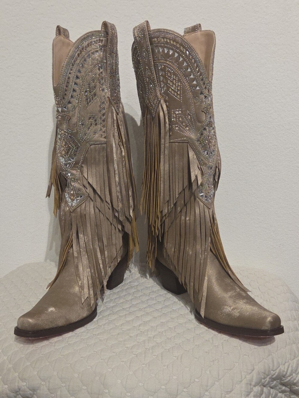 Kiss Metallic Taupe Fringe Western Heeled Boots